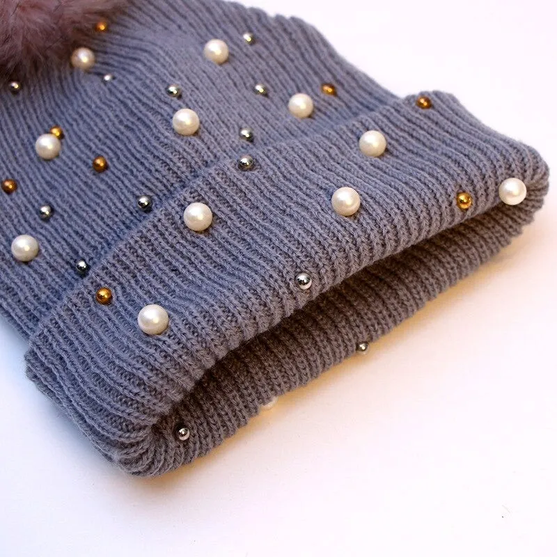 Fluffy Knitted Pompom Winter Beanie Hats with Pearl Beads