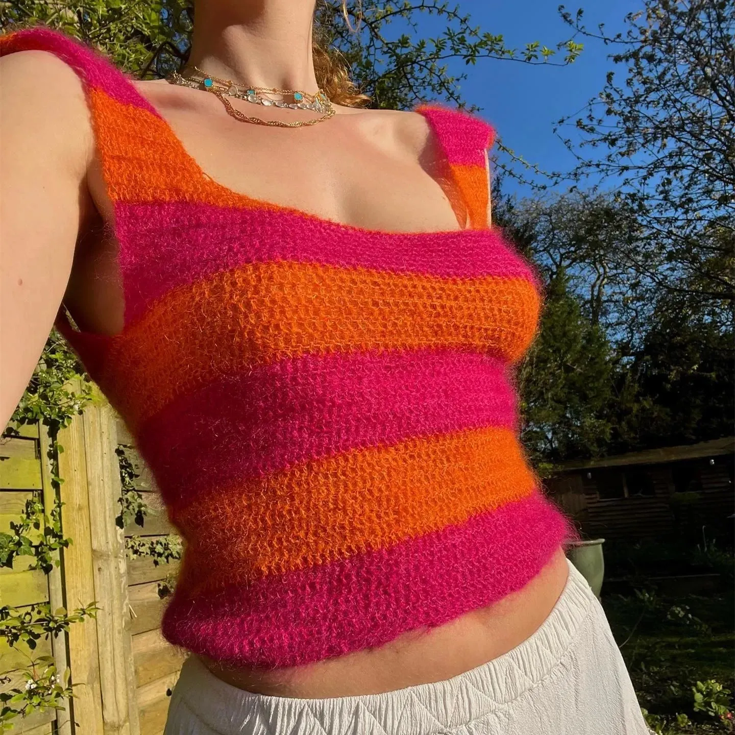 Girlary Women Y2K Crochet Knit Tank Top Striped Knitted Camisole Sleeveless Sheer Sweater Vest Crop Tank Top Vintage Streetwear