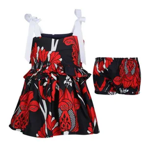 GIRLS STRAP DRESS SET - RED, BLACK AND WHITE