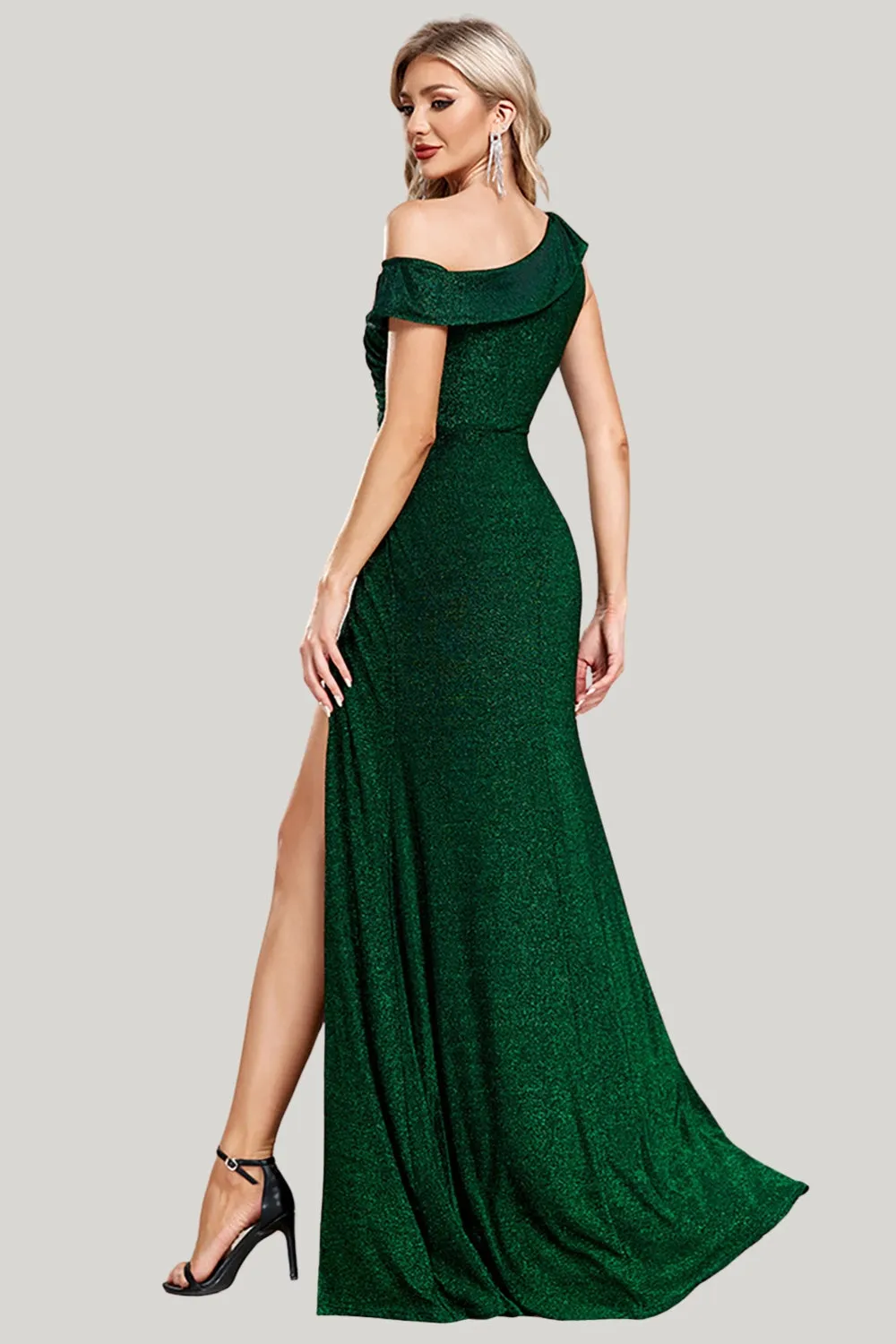 Glitter Dark Green Mermaid One Shoulder Maxi Dress with Slit