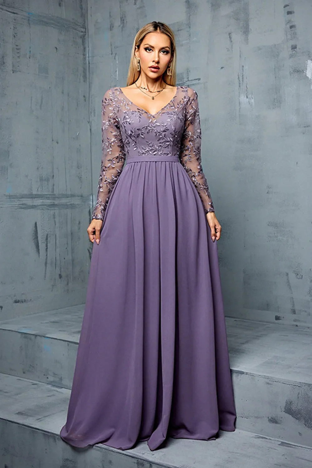 Grey Purple A Line V Neck Embroidered Chiffon Maxi Dress with Long Sleeves