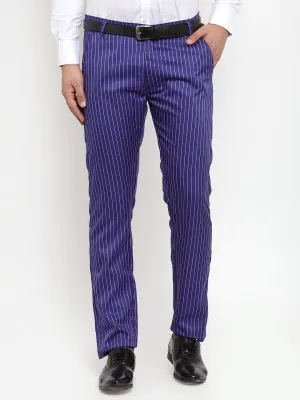 Jashvi Men's Blue Cotton Striped Formal Trousers