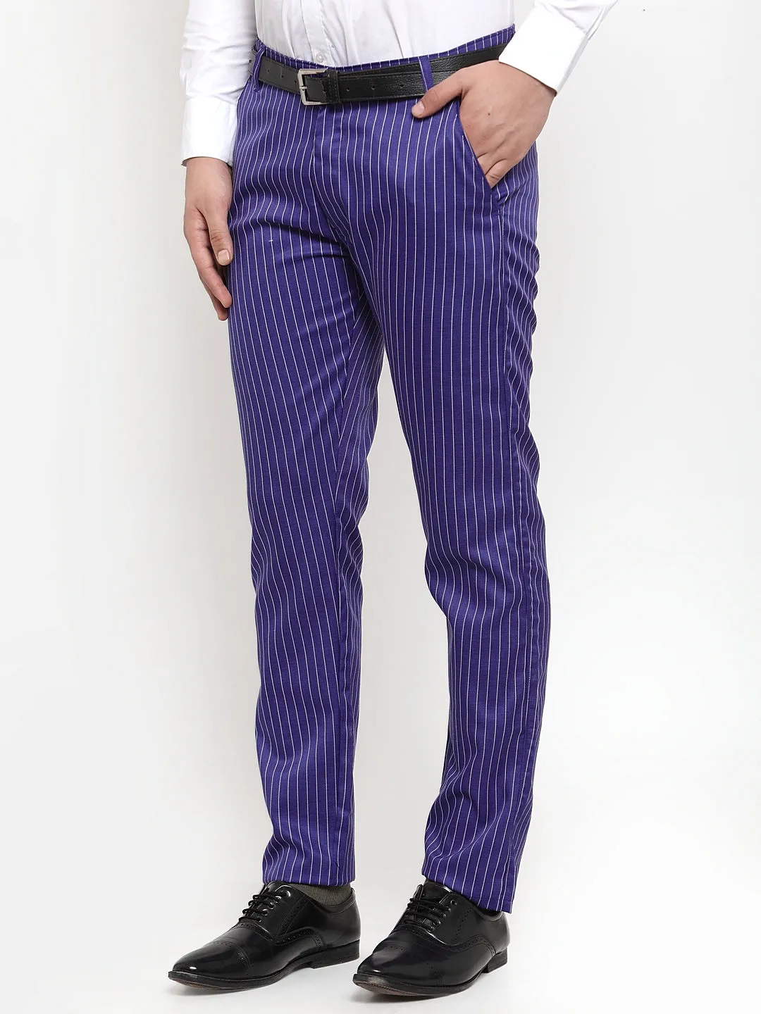 Jashvi Men's Blue Cotton Striped Formal Trousers