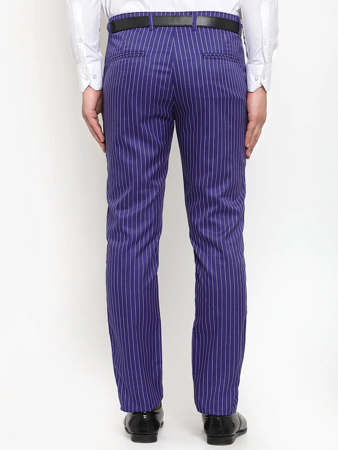 Jashvi Men's Blue Cotton Striped Formal Trousers