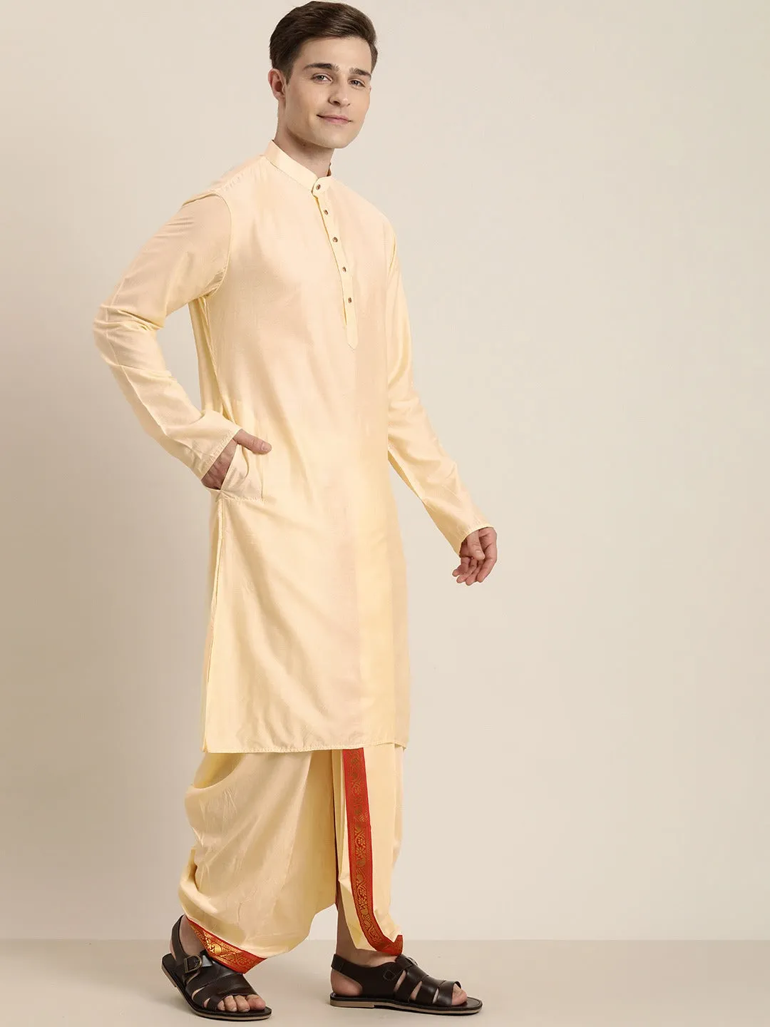 Jashvi Men's Rose Gold Cotton Blend Kurta Dhoti And Dupatta Set