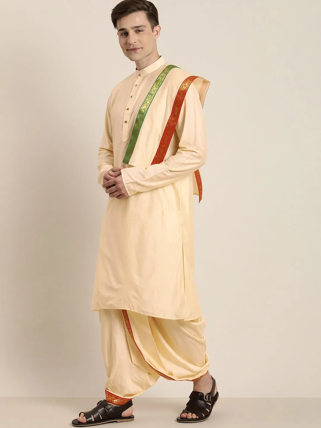 Jashvi Men's Rose Gold Cotton Blend Kurta Dhoti And Dupatta Set