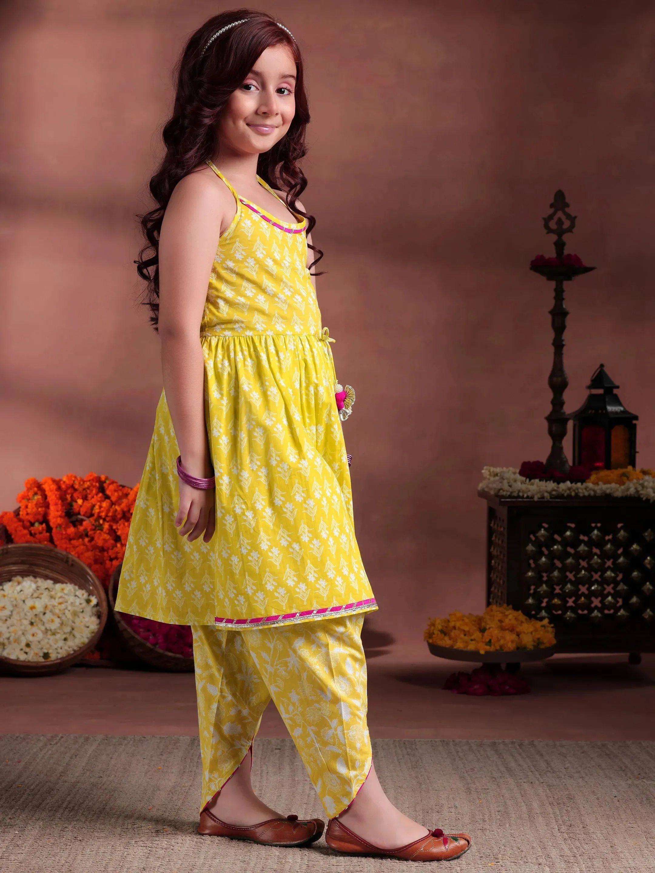 Kids Lime Green Printed Cotton A-Line Kurti With Salwar