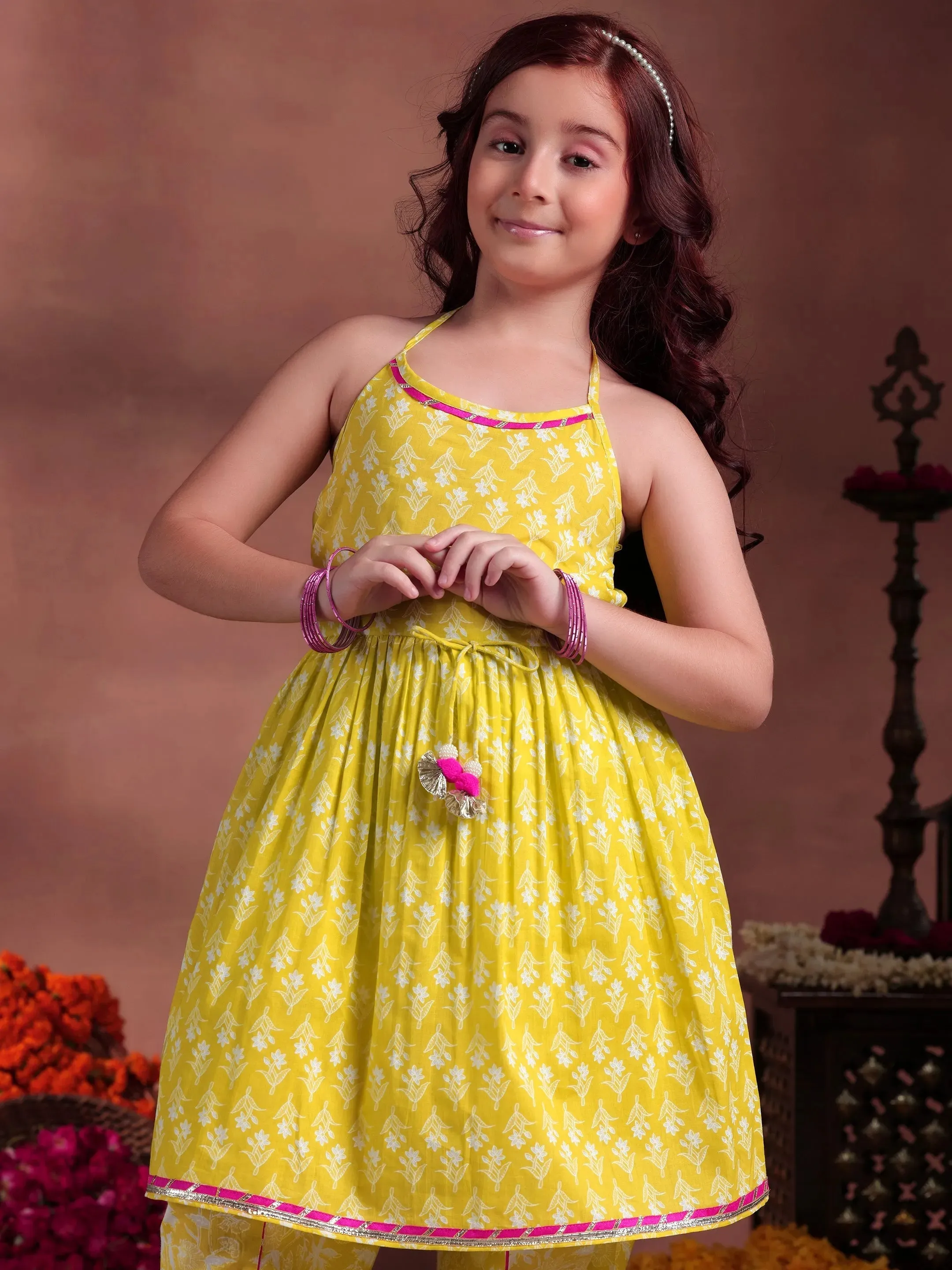 Kids Lime Green Printed Cotton A-Line Kurti With Salwar