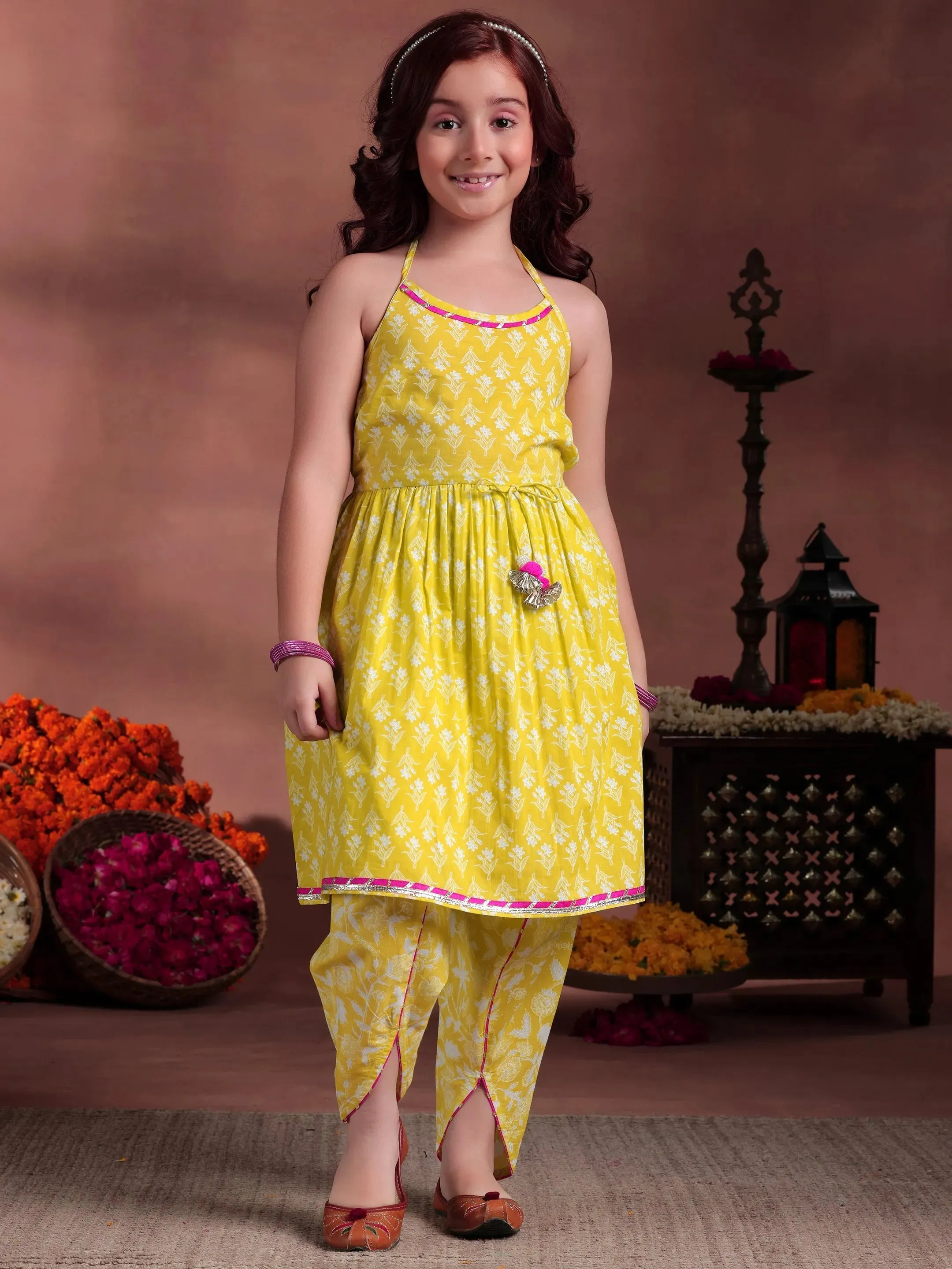 Kids Lime Green Printed Cotton A-Line Kurti With Salwar