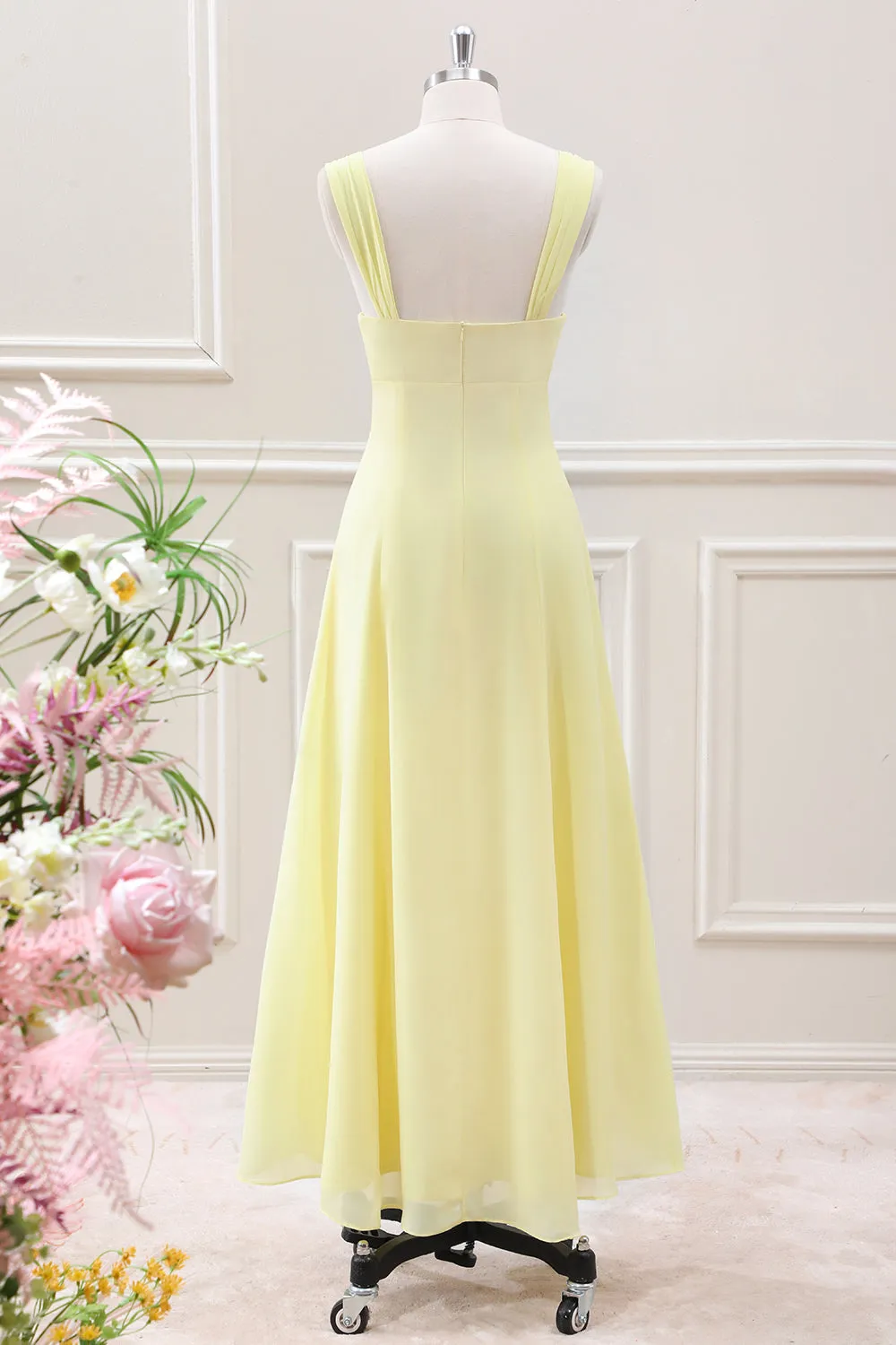 Lemon Yellow Keyhole A Line Tea Length Dress