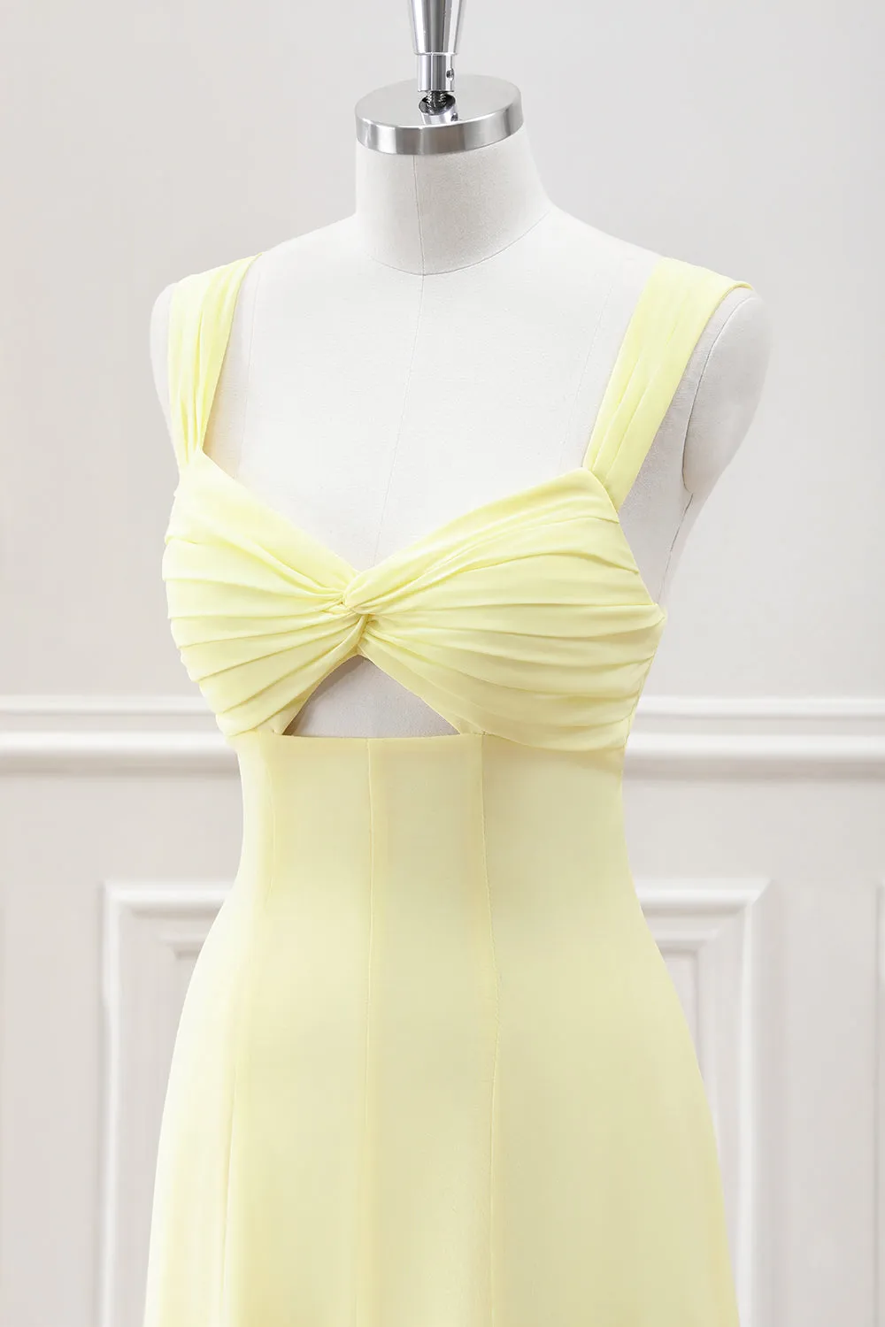 Lemon Yellow Keyhole A Line Tea Length Dress