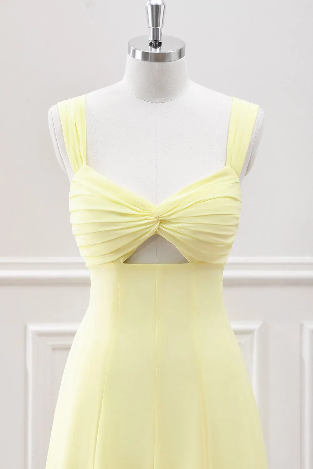 Lemon Yellow Keyhole A Line Tea Length Dress