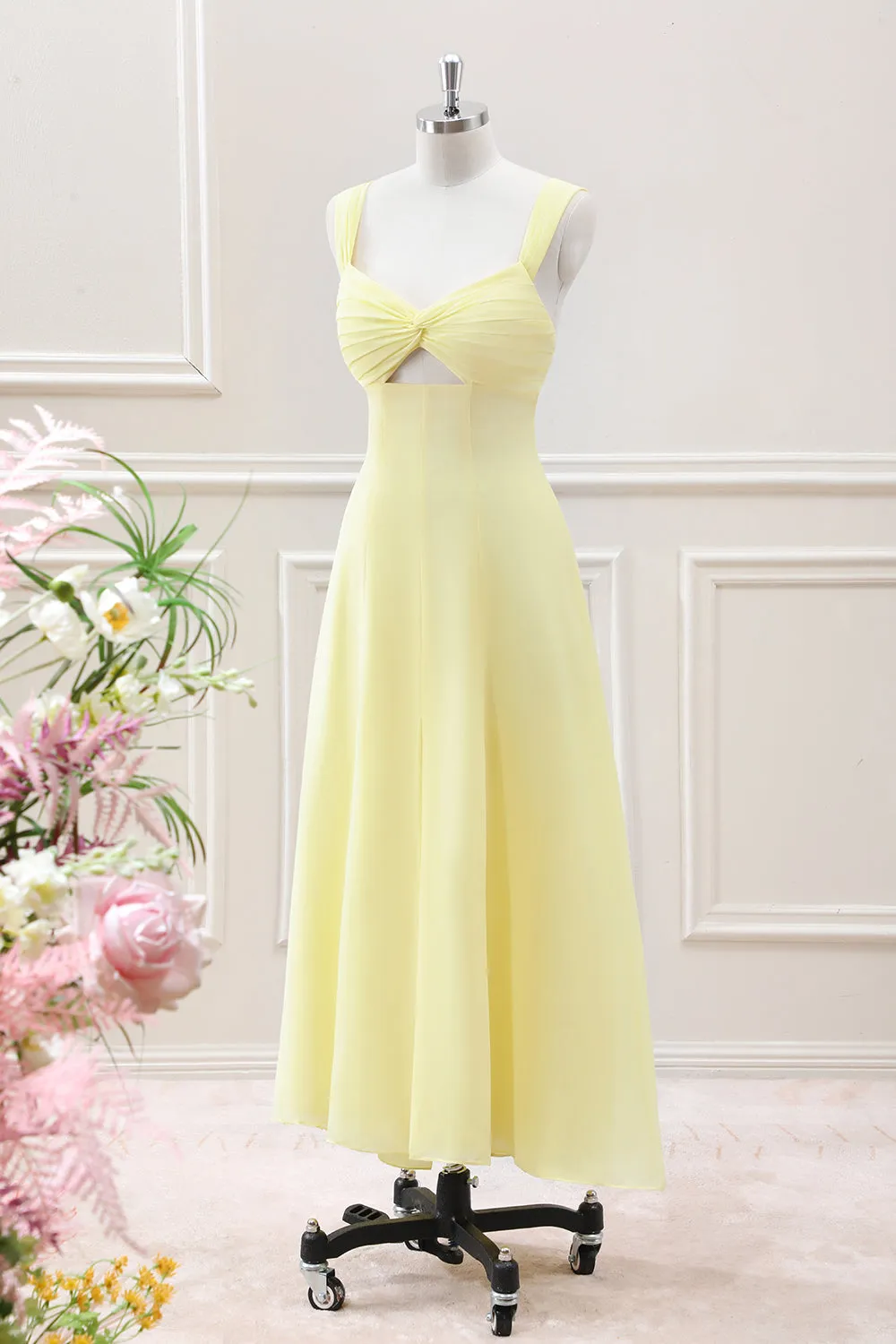 Lemon Yellow Keyhole A Line Tea Length Dress