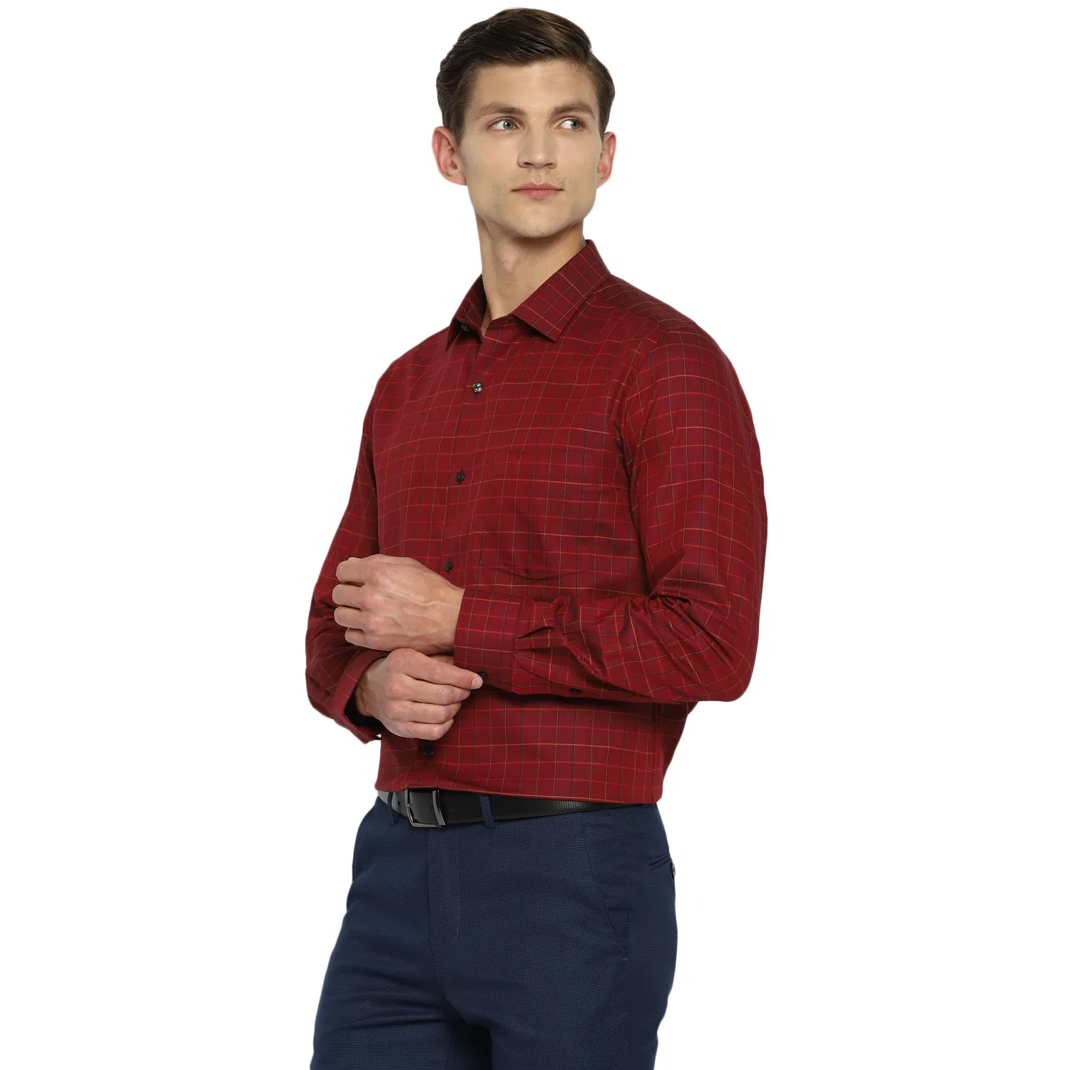 Maroon Cotton Checked Slim Fit Shirts