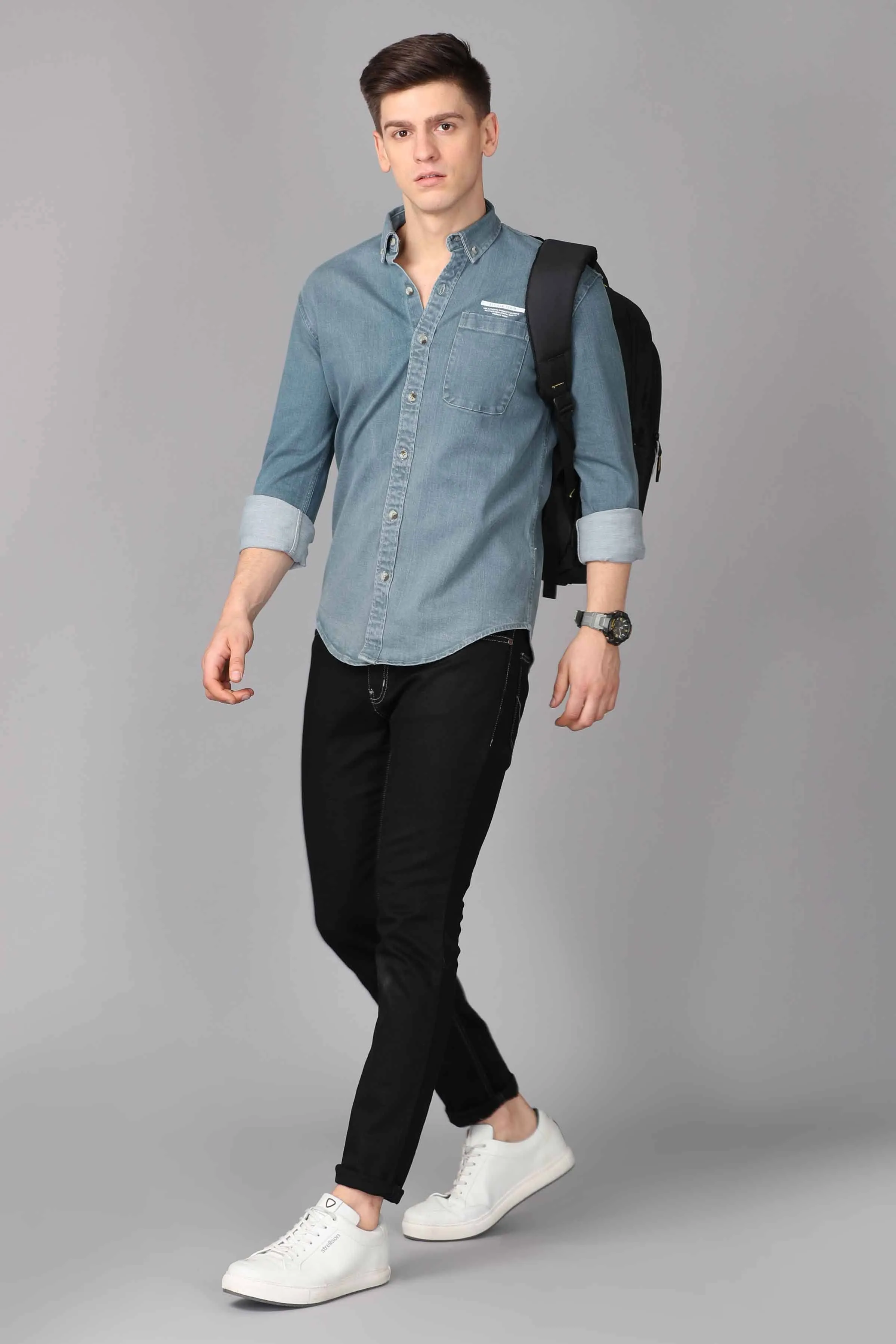 Men Blue Slim Fit Faded Casual Denim Shirt