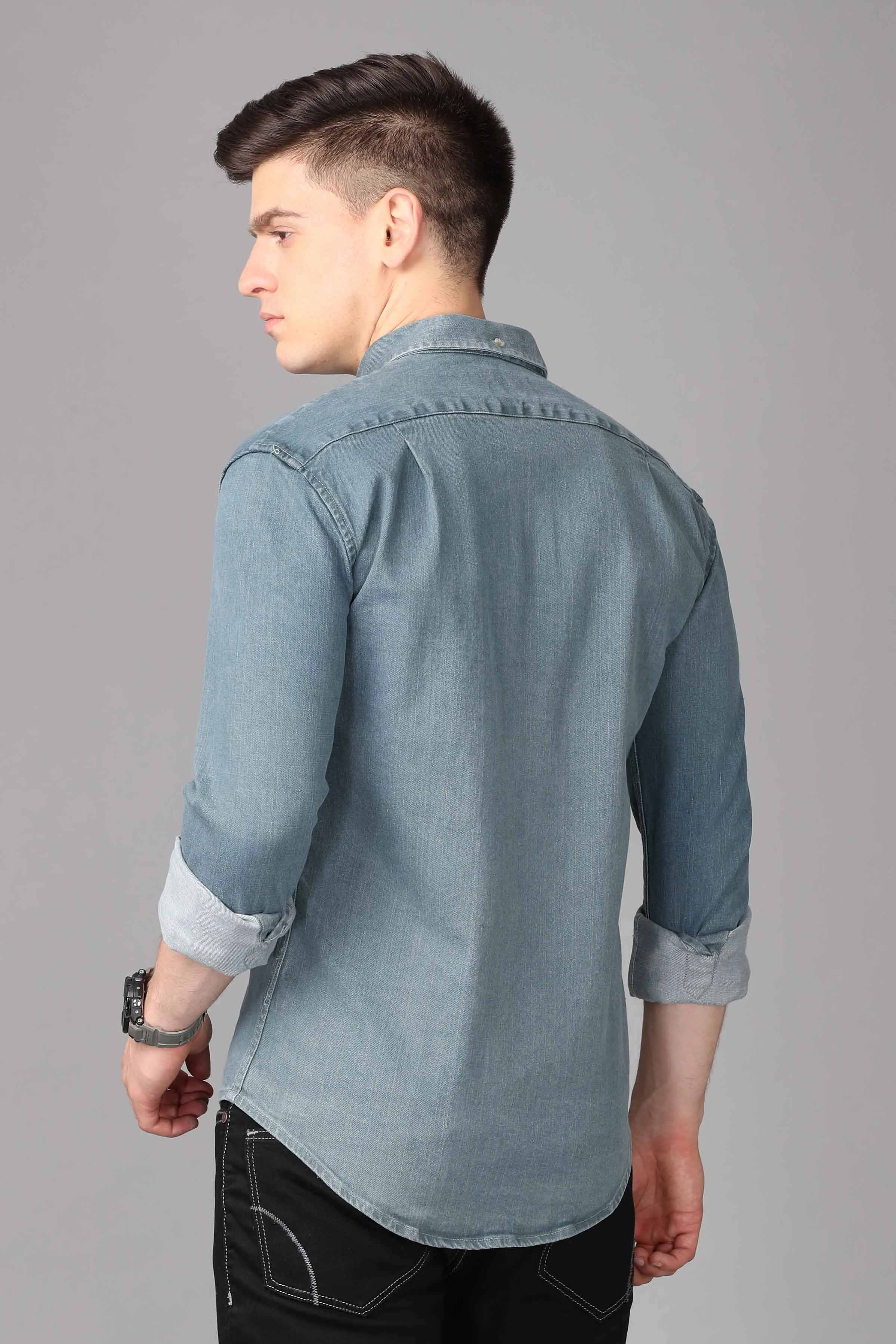 Men Blue Slim Fit Faded Casual Denim Shirt