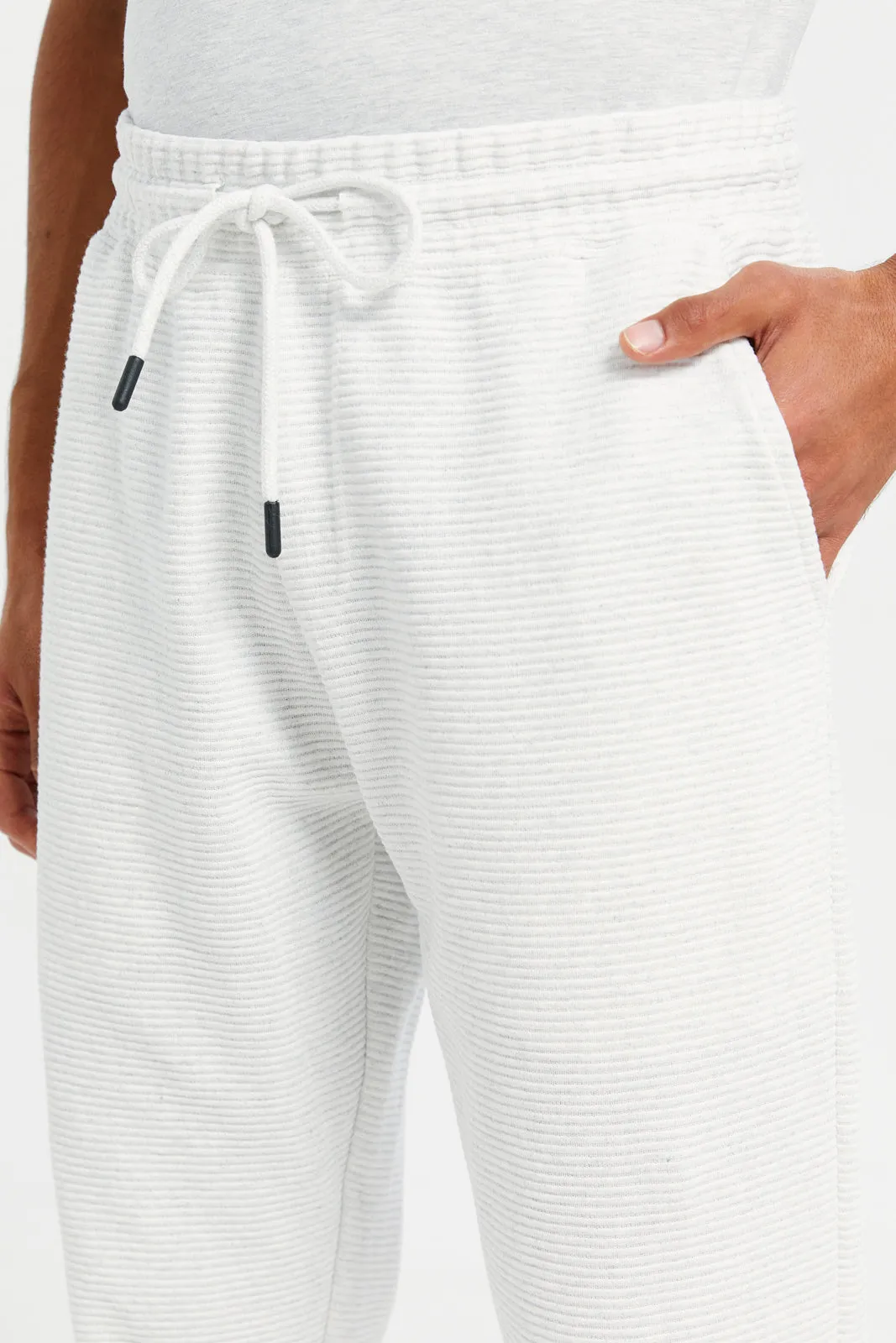 Men Ecru Ribbed Jogger Pants