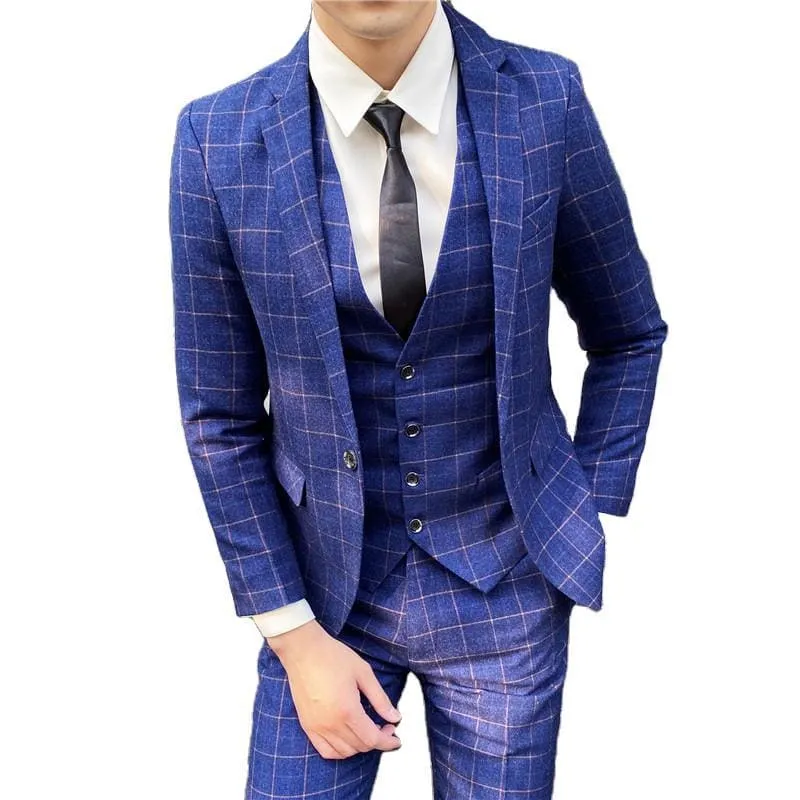 Men Plaid Print Single Breasted Blazer & Waistcoat & Suit Pants