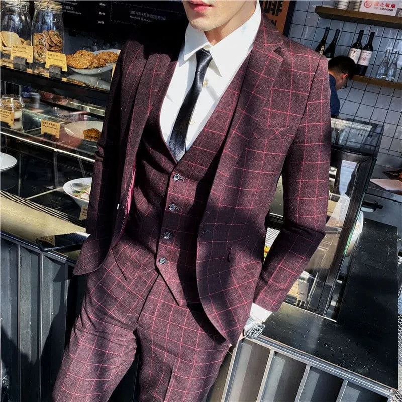 Men Plaid Print Single Breasted Blazer & Waistcoat & Suit Pants