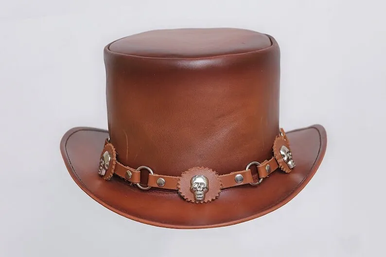 Mens Leather Cowhide Biker Steampunk Deadman Top Hat, El Dorado Motorcycle Hat HANDAMDE TOP HAT