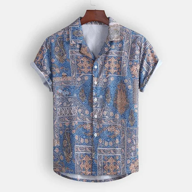 Men's Summer Fashion Casual Lapel Print Short Sleeve Shirt Top Blouse Brand Men Clothing Hawaiian style Shirts camisa masculina