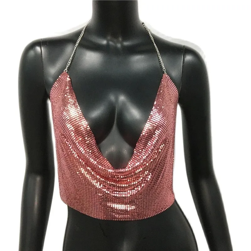 Metal Sequined Tank Camis Summer Gold Silver Backless Cropped Glitter Beach Club Show Wear Tank Tops