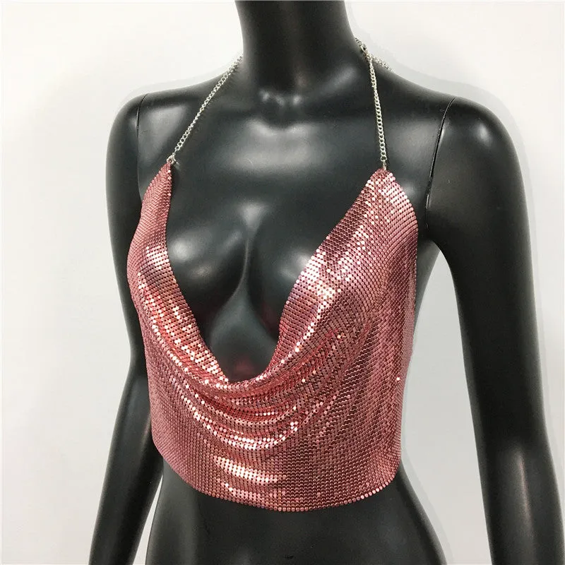 Metal Sequined Tank Camis Summer Gold Silver Backless Cropped Glitter Beach Club Show Wear Tank Tops