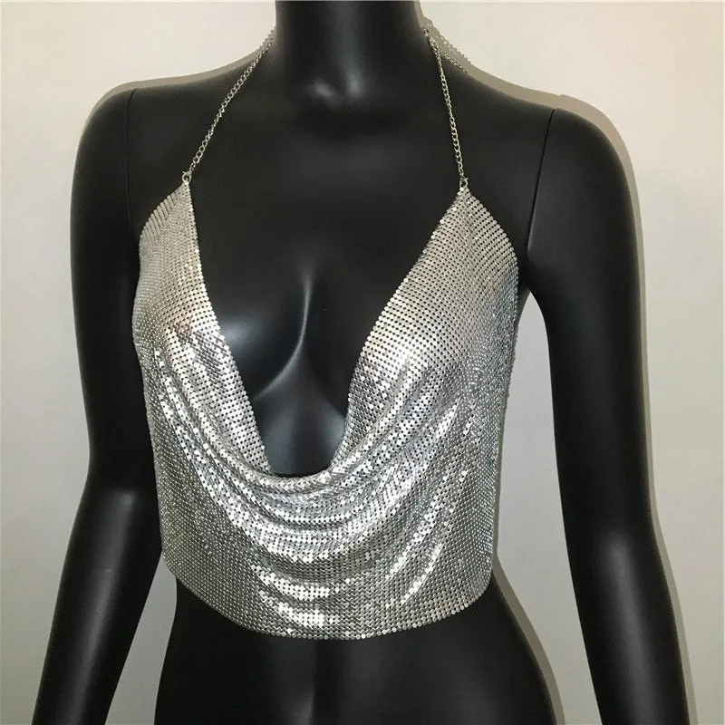 Metal Sequined Tank Camis Summer Gold Silver Backless Cropped Glitter Beach Club Show Wear Tank Tops