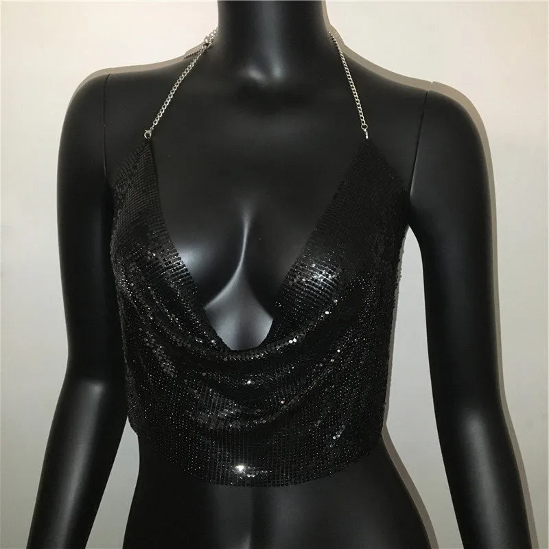 Metal Sequined Tank Camis Summer Gold Silver Backless Cropped Glitter Beach Club Show Wear Tank Tops