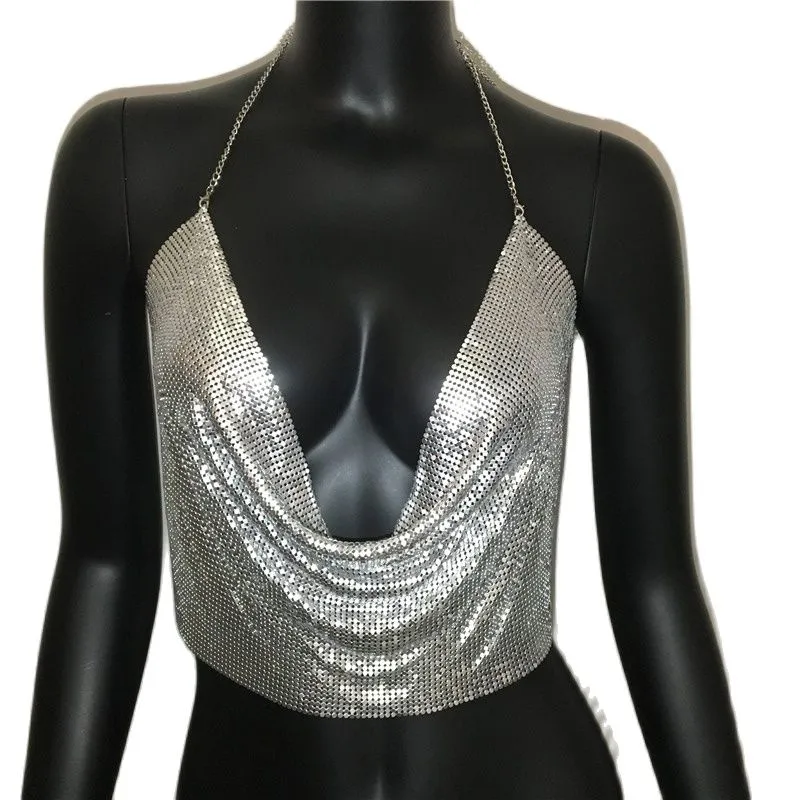 Metal Sequined Tank Camis Summer Gold Silver Backless Cropped Glitter Beach Club Show Wear Tank Tops