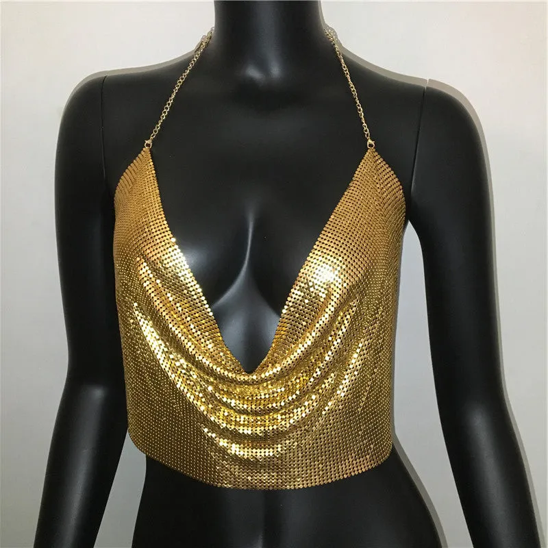 Metal Sequined Tank Camis Summer Gold Silver Backless Cropped Glitter Beach Club Show Wear Tank Tops