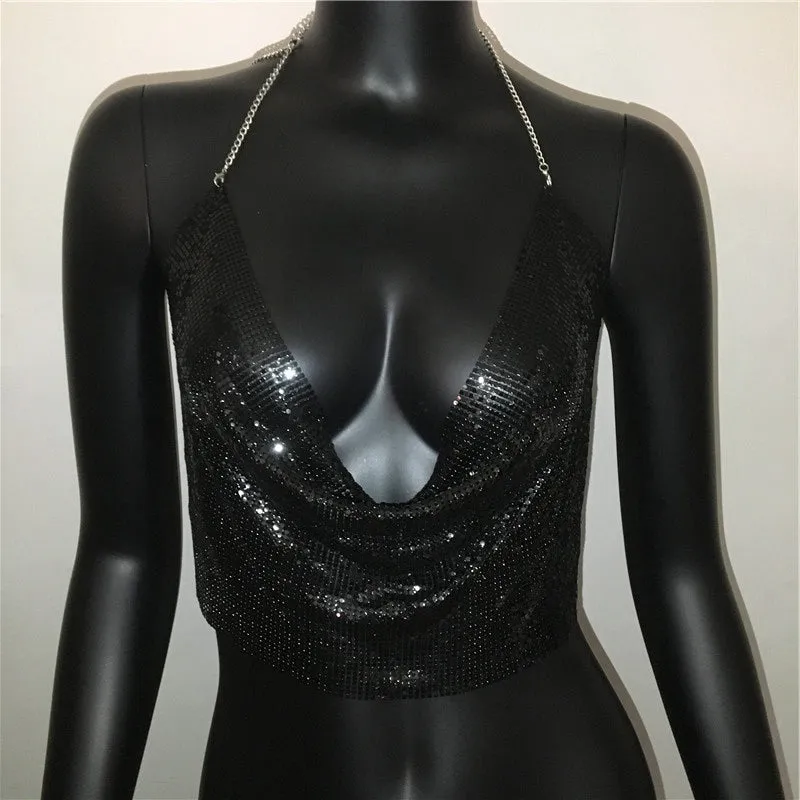 Metal Sequined Tank Camis Summer Gold Silver Backless Cropped Glitter Beach Club Show Wear Tank Tops