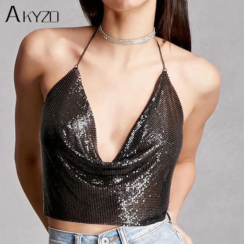 Metal Sequined Tank Camis Summer Gold Silver Backless Cropped Glitter Beach Club Show Wear Tank Tops