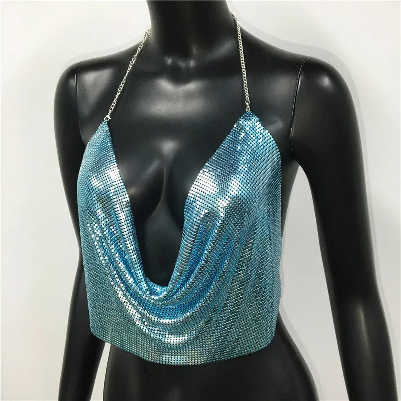 Metal Sequined Tank Camis Summer Gold Silver Backless Cropped Glitter Beach Club Show Wear Tank Tops