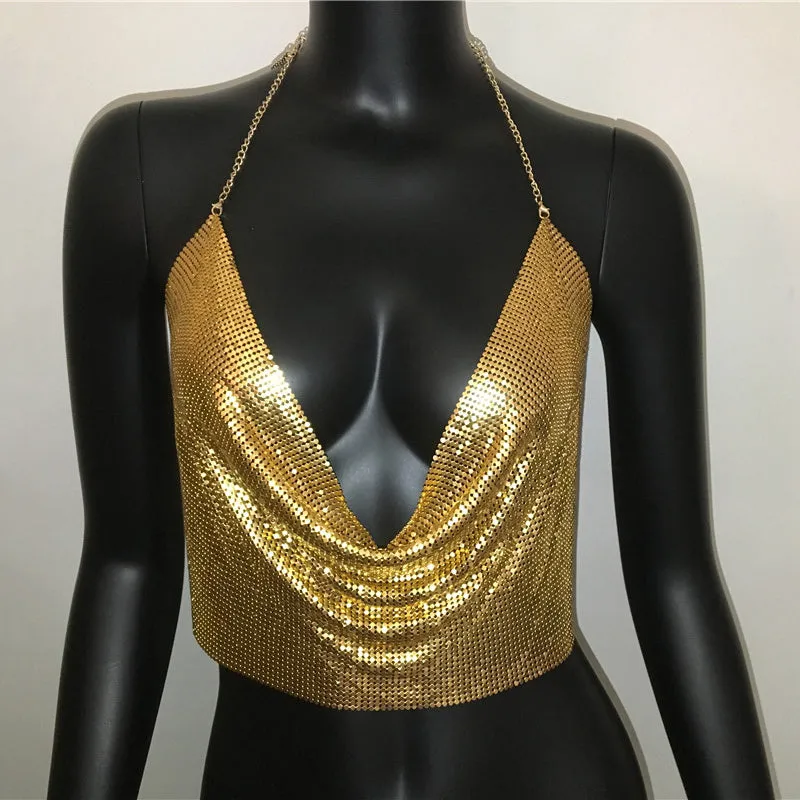 Metal Sequined Tank Camis Summer Gold Silver Backless Cropped Glitter Beach Club Show Wear Tank Tops