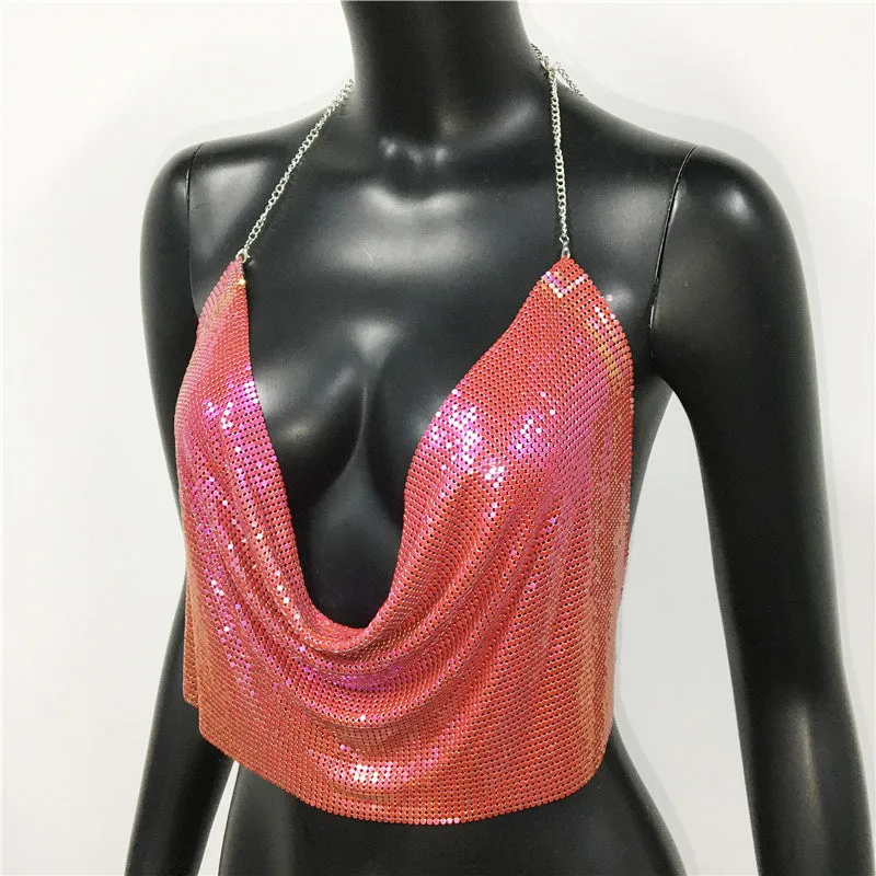 Metal Sequined Tank Camis Summer Gold Silver Backless Cropped Glitter Beach Club Show Wear Tank Tops