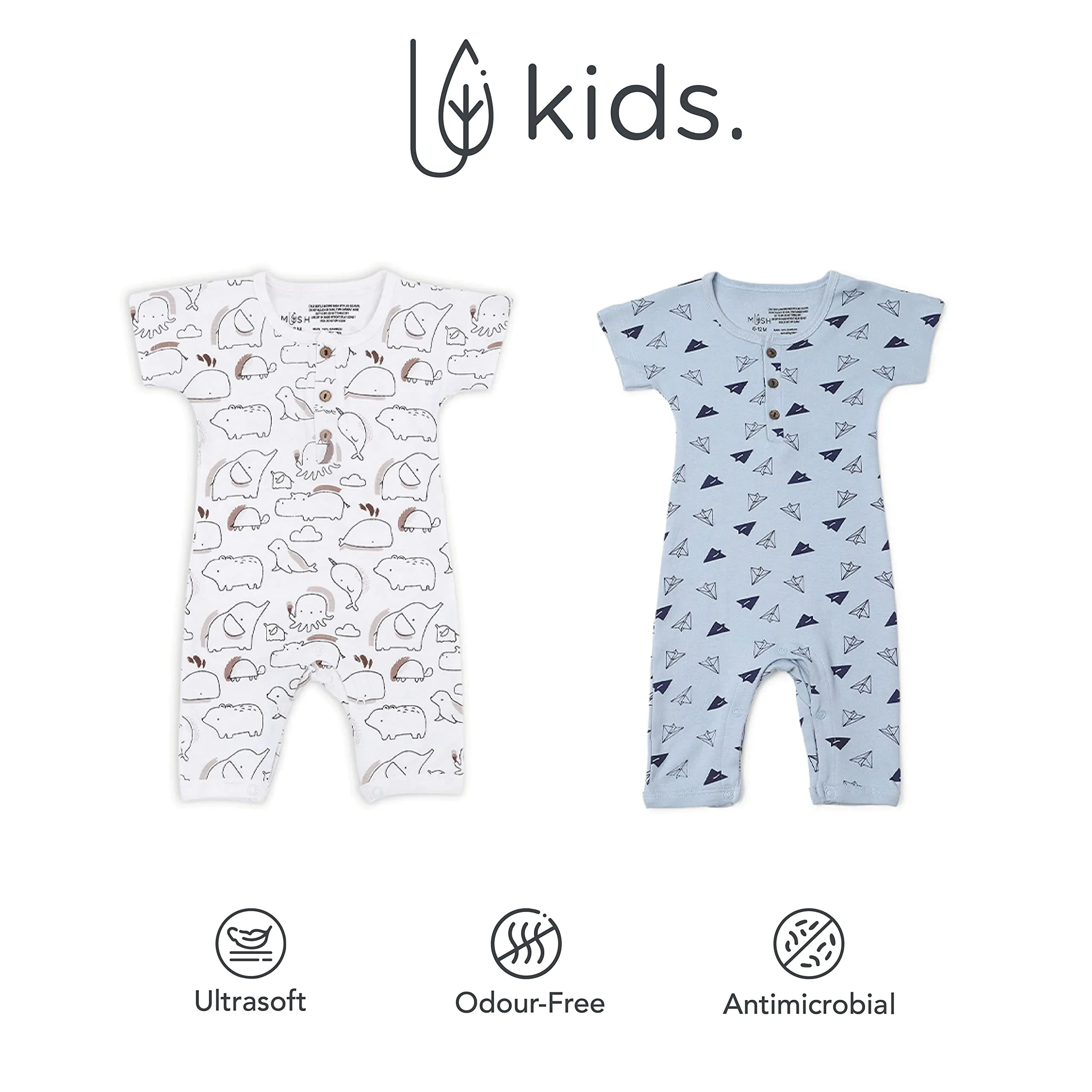 Mush Ultra Soft Bamboo Unisex Short Sleeve Romper Combo Set for New Born Baby/Kids Pack of 2 (3-6 Month, Aeroplane & Marine Life)