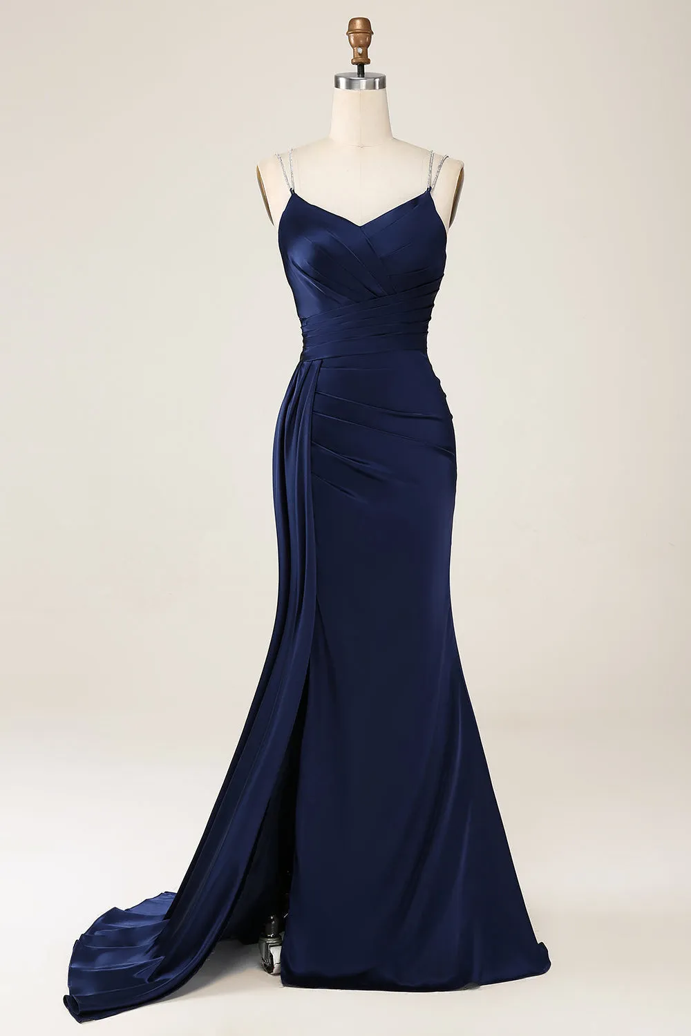 Navy Mermaid Spaghetti Straps Pleated Corset Maxi Dress with Slit