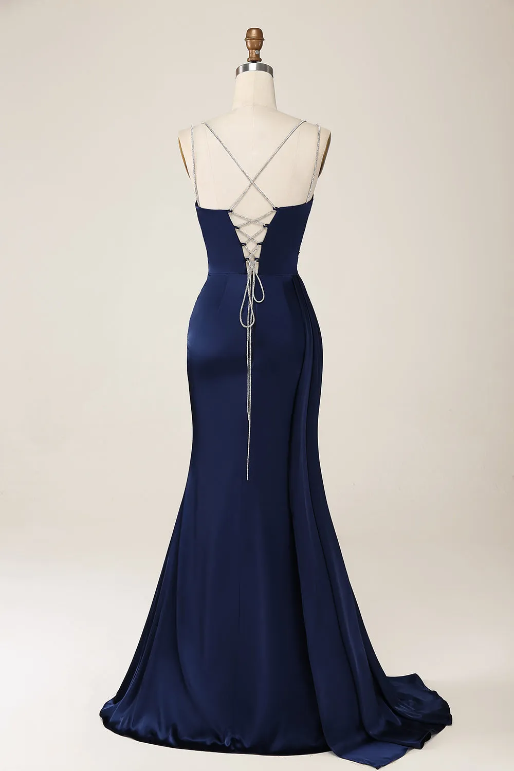 Navy Mermaid Spaghetti Straps Pleated Corset Maxi Dress with Slit