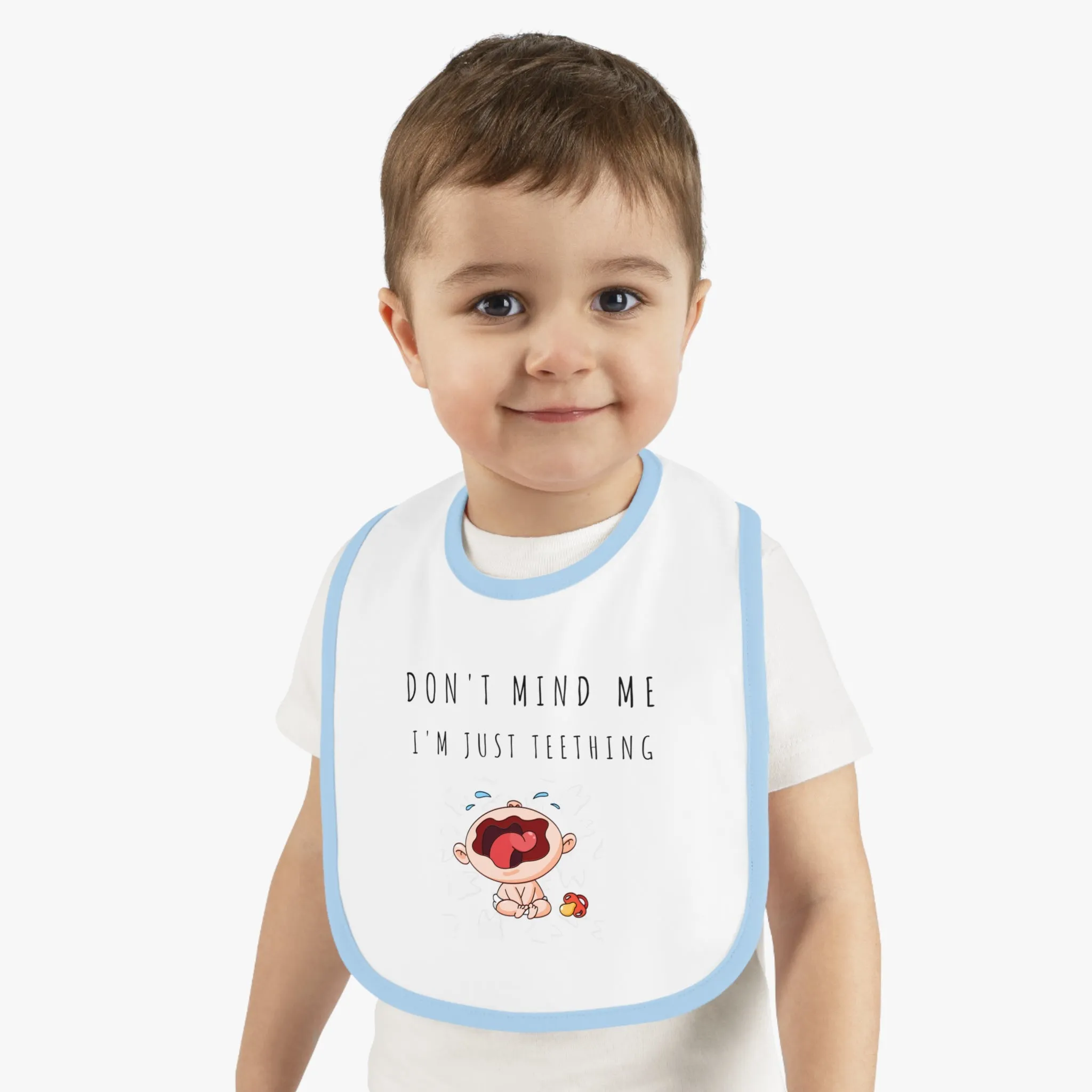 "Don't Mind Me - I'm Just Teething" - Baby Contrast Trim Jersey Bib - C