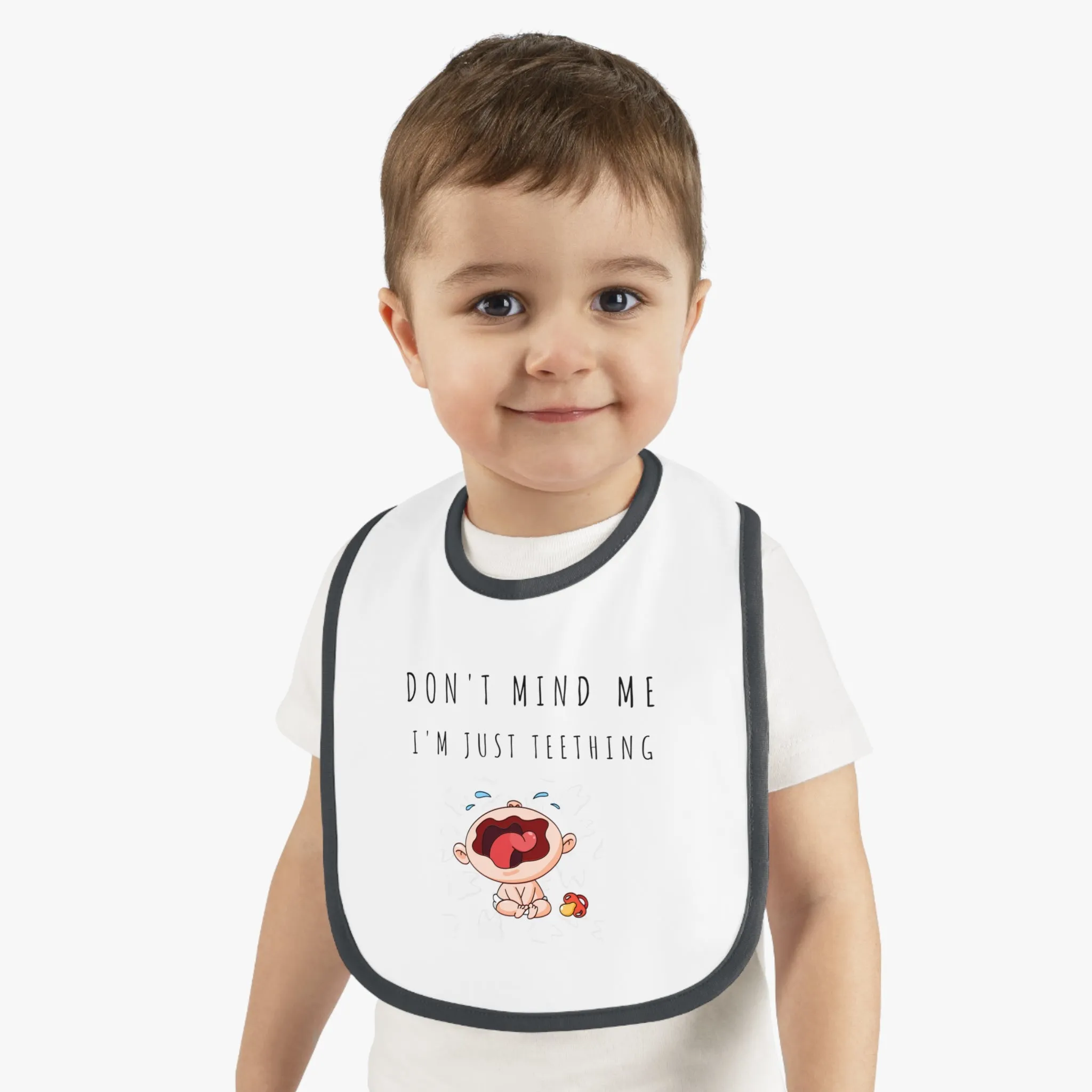 "Don't Mind Me - I'm Just Teething" - Baby Contrast Trim Jersey Bib - C