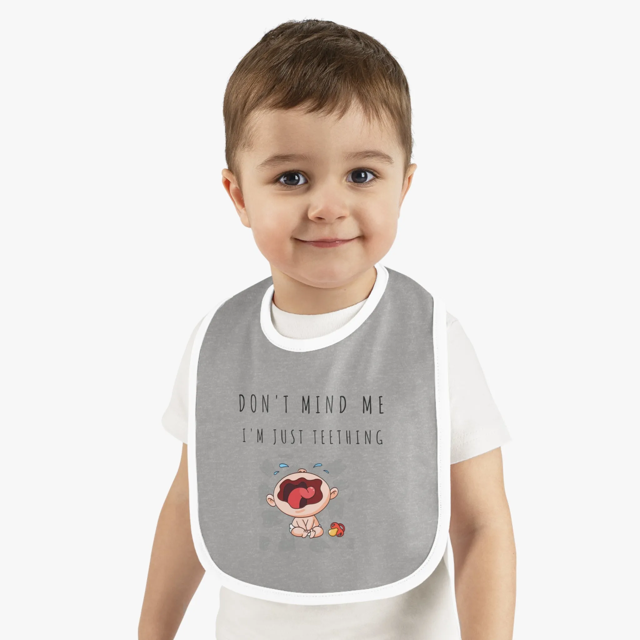 "Don't Mind Me - I'm Just Teething" - Baby Contrast Trim Jersey Bib - C