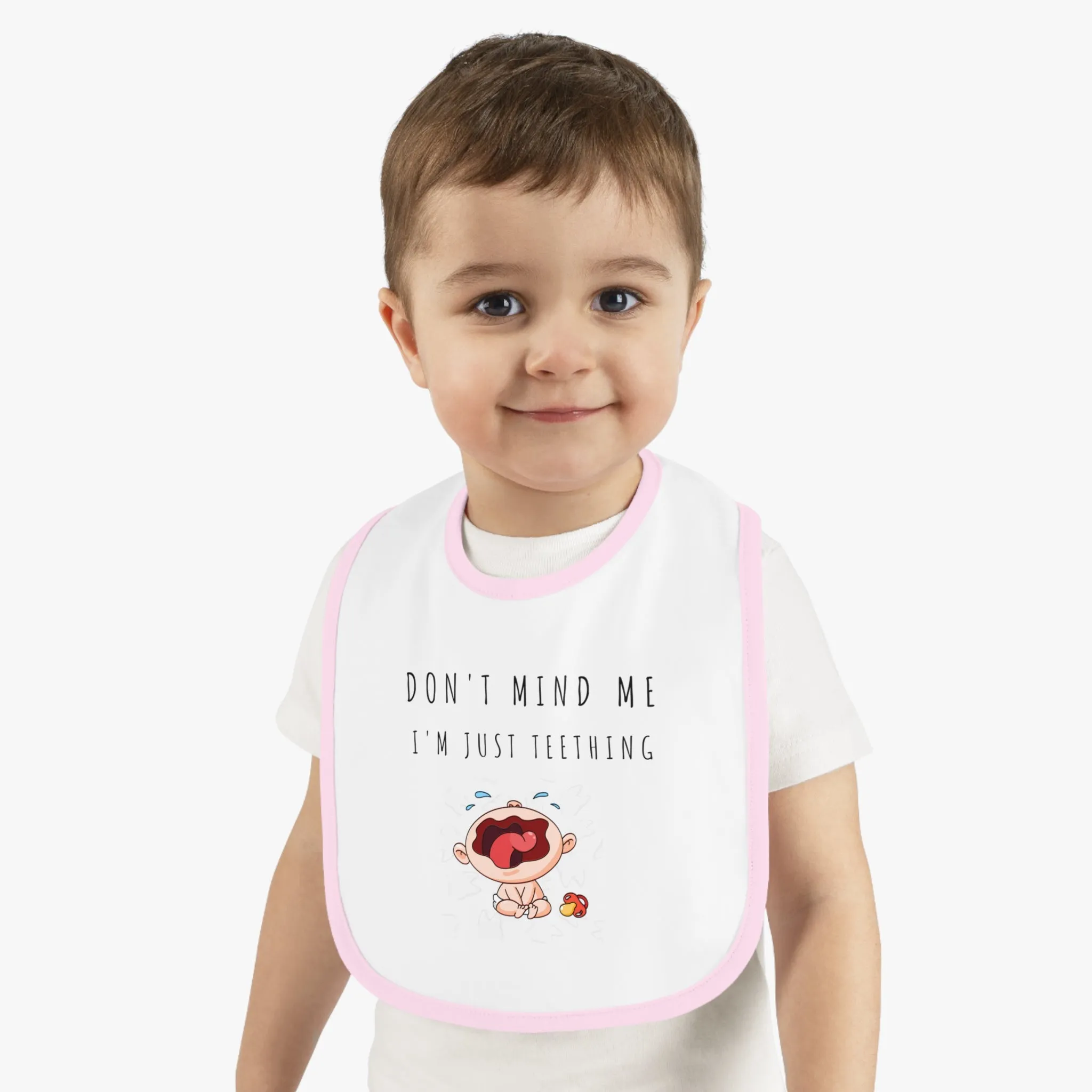 "Don't Mind Me - I'm Just Teething" - Baby Contrast Trim Jersey Bib - C