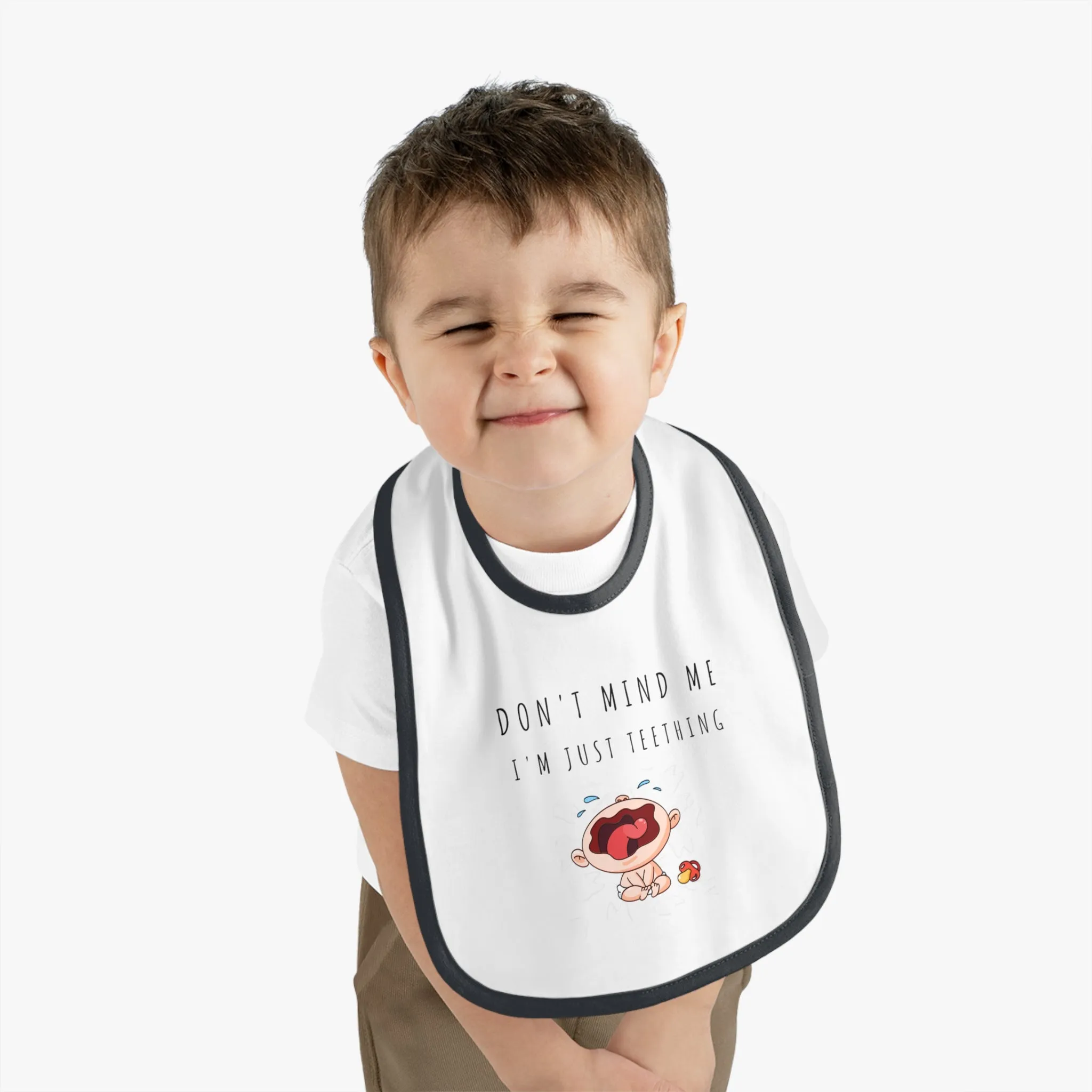 "Don't Mind Me - I'm Just Teething" - Baby Contrast Trim Jersey Bib - C