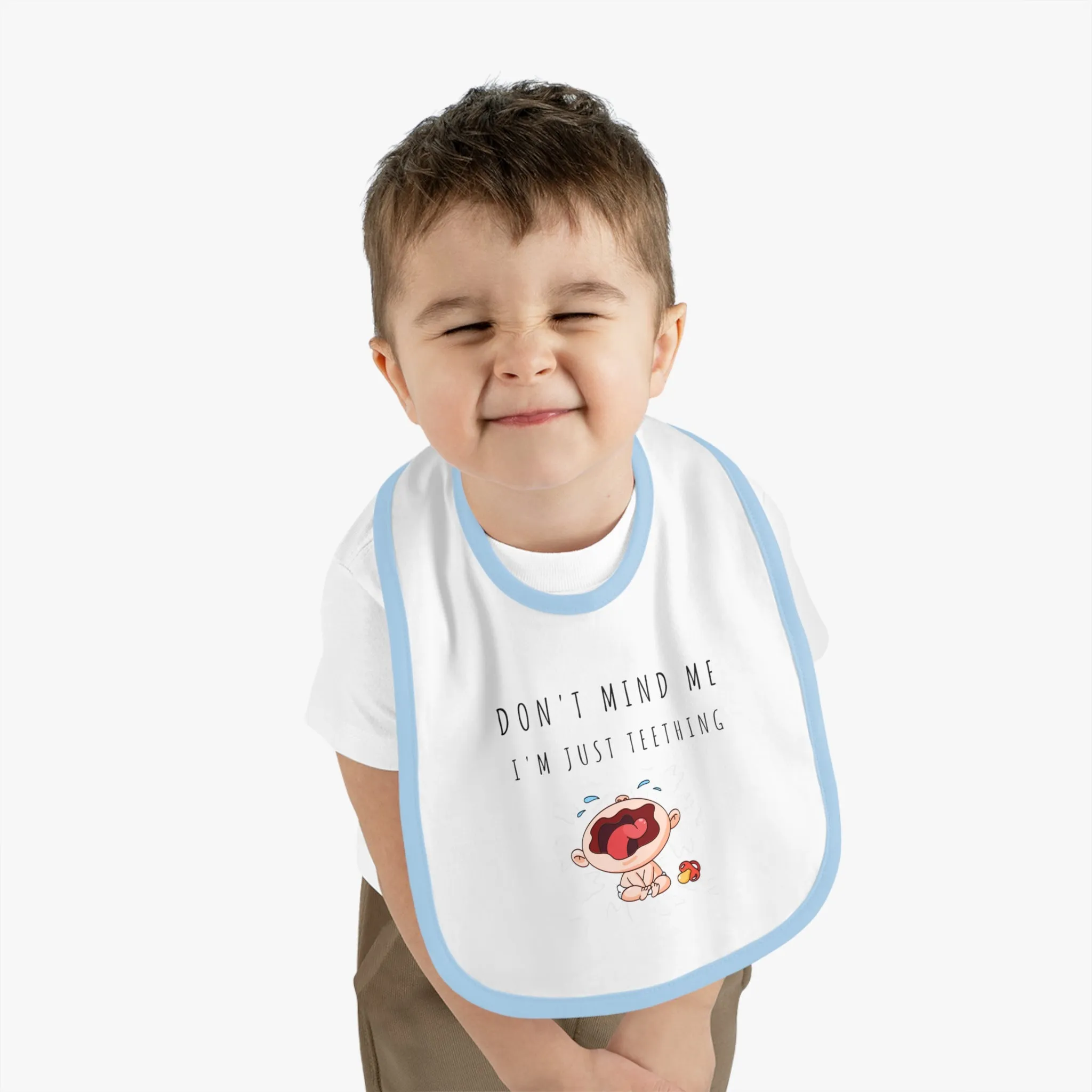 "Don't Mind Me - I'm Just Teething" - Baby Contrast Trim Jersey Bib - C