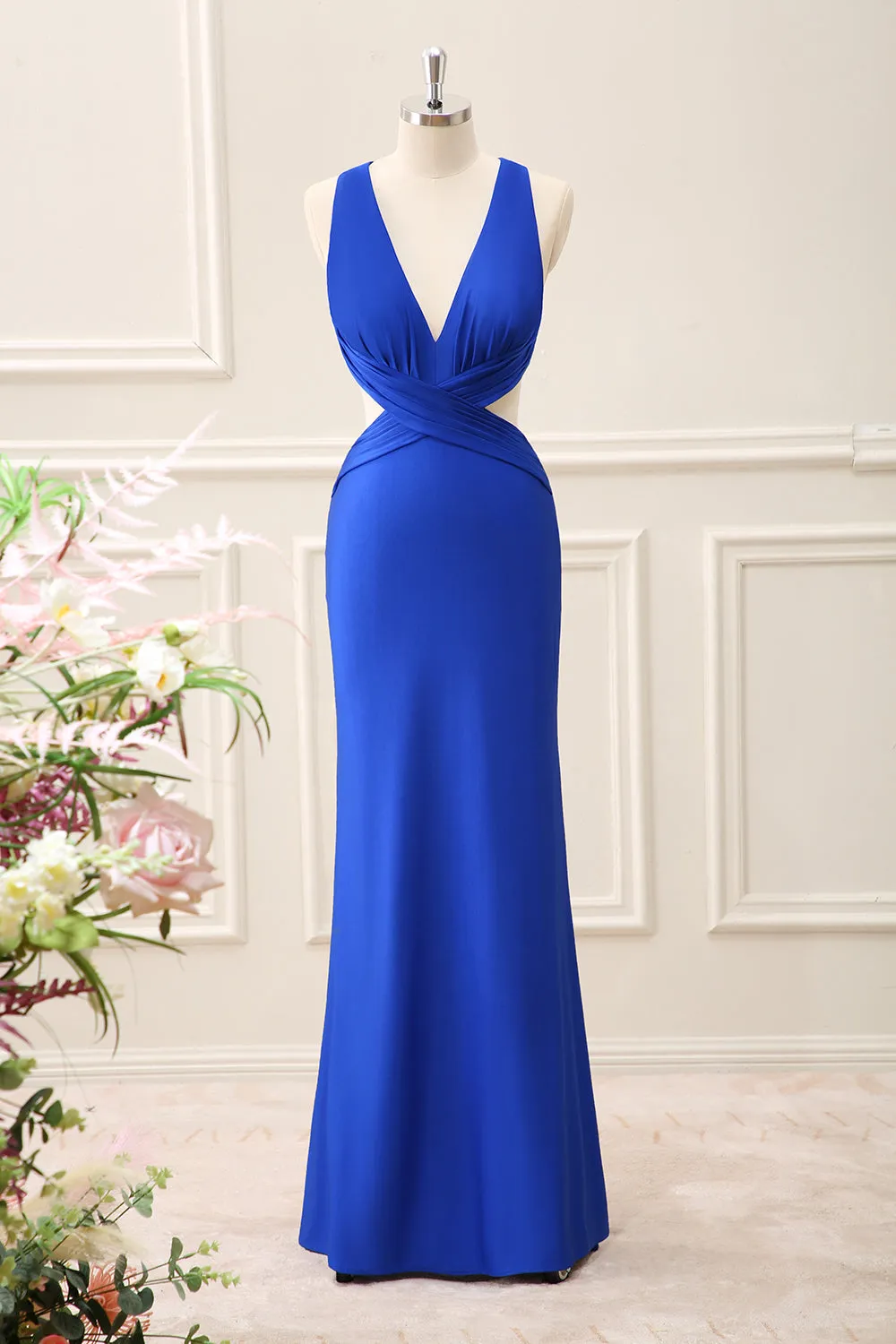 Royal Blue Cut Out V Neck Maxi Dress