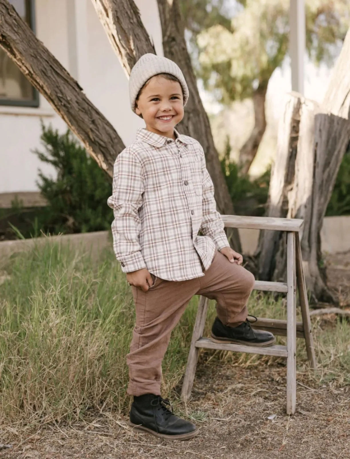 Rylee   Cru Toddler & Youth Boys L/S Mocha Plaid Collared Shirt