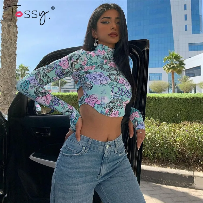 Skinny Backless Floral Crop Top Printed Short Tee Vintage High Streetwear Bodycon Turtleneck Tshirts Summer Top