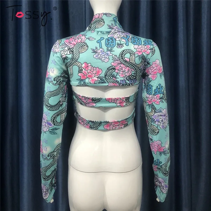 Skinny Backless Floral Crop Top Printed Short Tee Vintage High Streetwear Bodycon Turtleneck Tshirts Summer Top