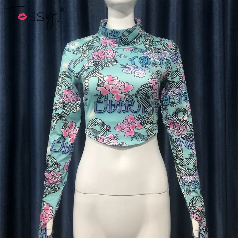 Skinny Backless Floral Crop Top Printed Short Tee Vintage High Streetwear Bodycon Turtleneck Tshirts Summer Top